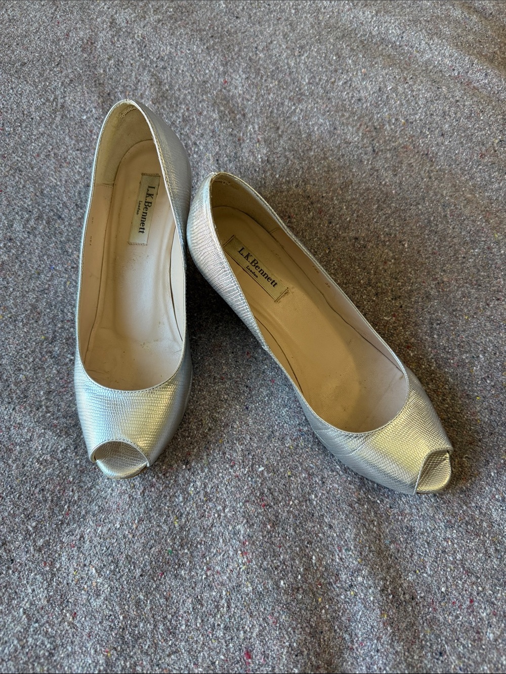 LK Bennett Silver Open-Toe Wedges (Size 39)